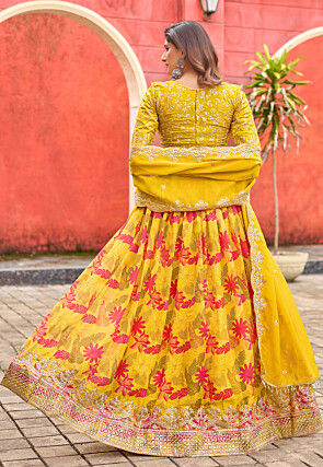 Digital Printed Art Silk Lehenga in Yellow