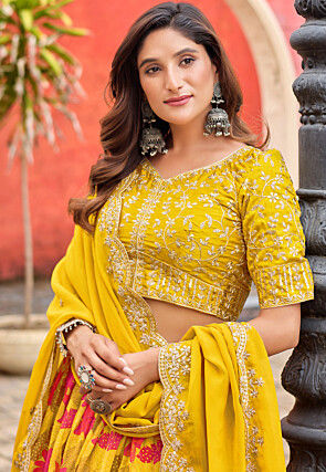 Digital Printed Art Silk Lehenga in Yellow