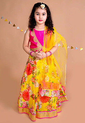 Digital Printed Art Silk Lehenga in Yellow