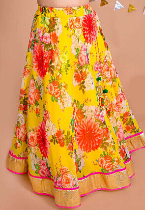 Digital Printed Art Silk Lehenga in Yellow