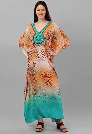 Digital Printed Crepe Maxi Kaftan Dress in Orange