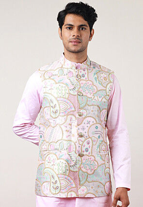 Digital Printed Art Silk Nehru Jacket in Baby Pink