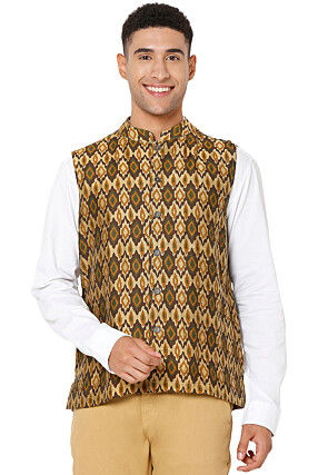 Digital Printed Art Silk Nehru Jacket in Beige and Brown