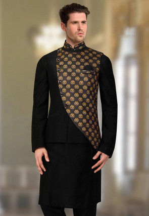 Buy Kalyum Men's Silk Blend Black Kurta With Pyjama & Cream Printed Nehru  Jacket Online at Best Price | Distacart