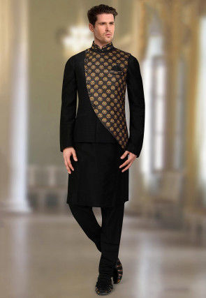 Digital Printed Art Silk Nehru Jacket in Black and Golden