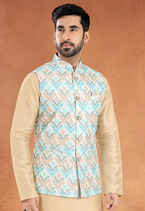 Digital Printed Art Silk Nehru Jacket in Blue