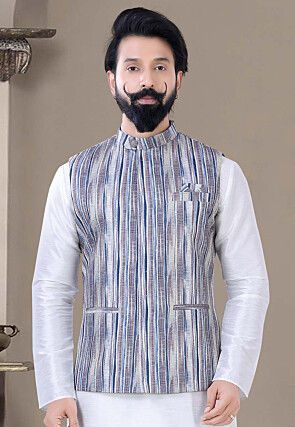 Digital Printed Art Silk Nehru Jacket in Blue