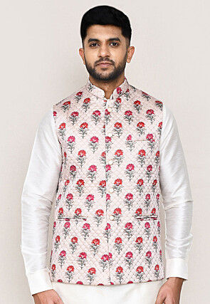 Digital Printed Art Silk Nehru Jacket in Cream