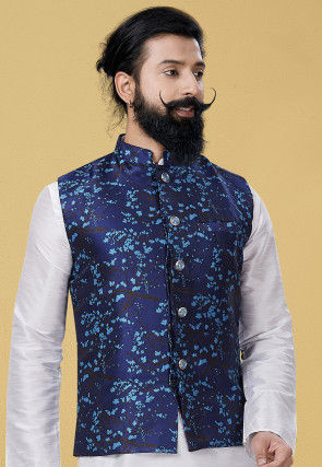 Digital Printed Art Silk Nehru Jacket in Dark Blue