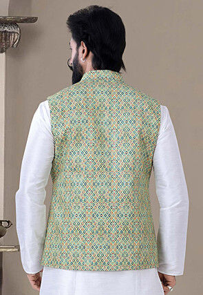 Digital Printed Art Silk Nehru Jacket in Green