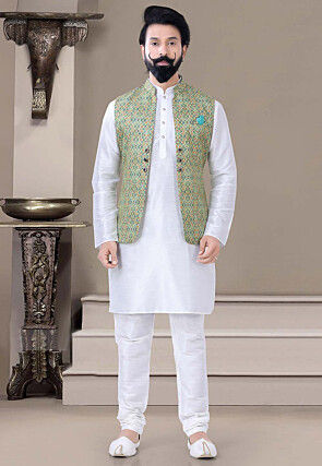 Digital Printed Art Silk Nehru Jacket in Green