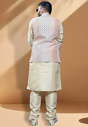 Digital Printed Art Silk Nehru Jacket in Light Beige