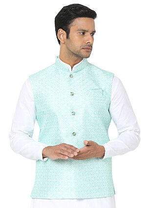 Digital Printed Art Silk Nehru Jacket in Light Blue