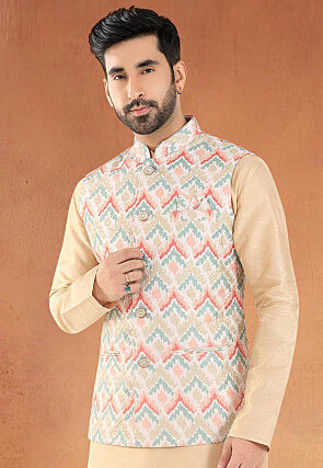 Digital Printed Art Silk Nehru Jacket in Multicolor