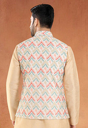 Digital Printed Art Silk Nehru Jacket in Multicolor
