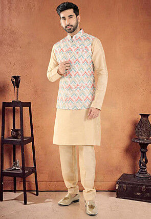 Digital Printed Art Silk Nehru Jacket in Multicolor