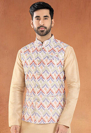 Digital Printed Art Silk Nehru Jacket in Multicolor