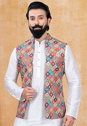 Digital Printed Art Silk Nehru Jacket in Multicolor