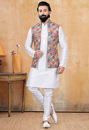 Digital Printed Art Silk Nehru Jacket in Multicolor
