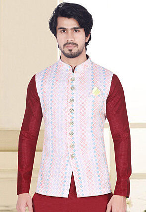 Digital Printed Art Silk Nehru Jacket in Multicolor