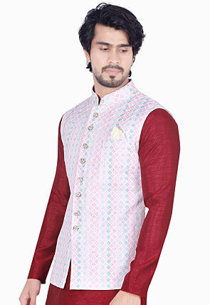 Digital Printed Art Silk Nehru Jacket in Multicolor