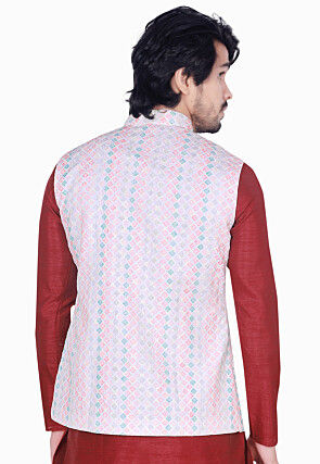Digital Printed Art Silk Nehru Jacket in Multicolor