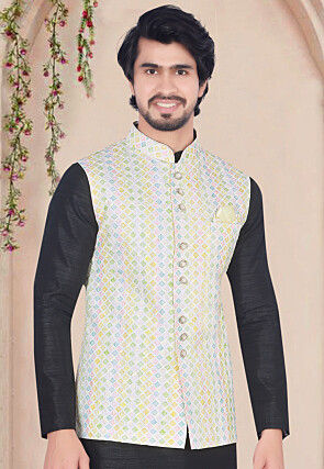 Digital Printed Art Silk Nehru Jacket in Multicolor