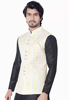 Digital Printed Art Silk Nehru Jacket in Multicolor