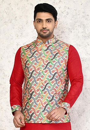 Digital Printed Art Silk Nehru Jacket in Multicolor