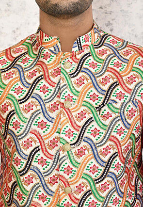 Digital Printed Art Silk Nehru Jacket in Multicolor