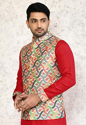 Digital Printed Art Silk Nehru Jacket in Multicolor