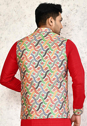 Digital Printed Art Silk Nehru Jacket in Multicolor
