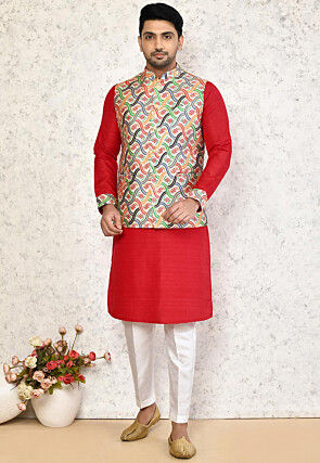Digital Printed Art Silk Nehru Jacket in Multicolor