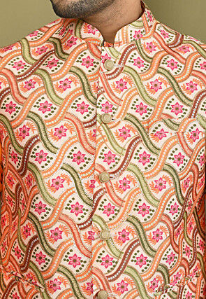 Digital Printed Art Silk Nehru Jacket in Multicolor