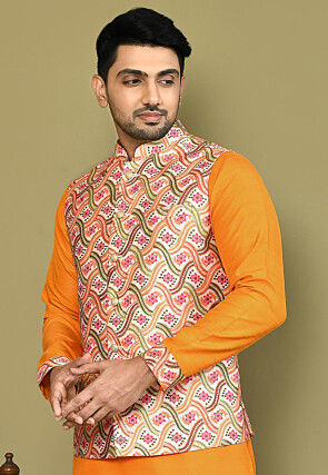 Digital Printed Art Silk Nehru Jacket in Multicolor