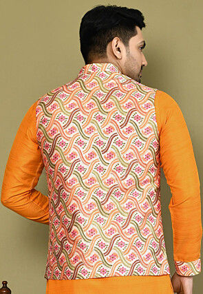 Digital Printed Art Silk Nehru Jacket in Multicolor