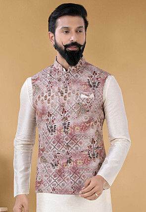 Digital Printed Art Silk Nehru Jacket in Old Rose