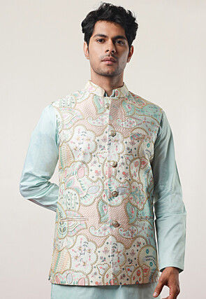 Digital Printed Art Silk Nehru Jacket in Pastel Blue