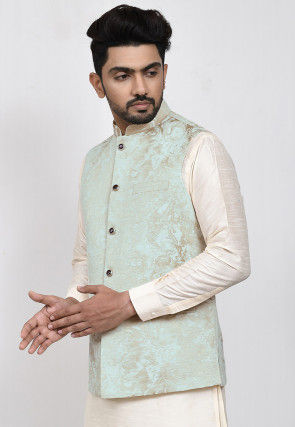Digital Printed Art Silk Nehru Jacket in Pastel Green