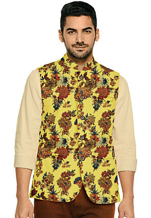 Digital Printed Art Silk Nehru Jacket in Pastel Yellow