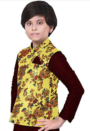 Digital Printed Art Silk Nehru Jacket in Pastel Yellow