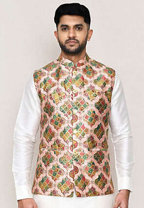 Digital Printed Art Silk Nehru Jacket in Peach