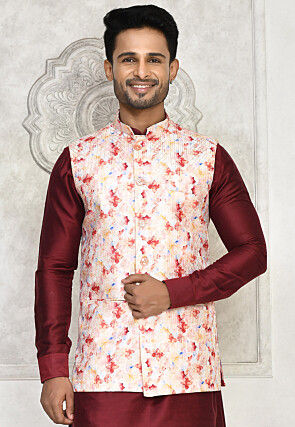 Digital Printed Art Silk Nehru Jacket in Peach