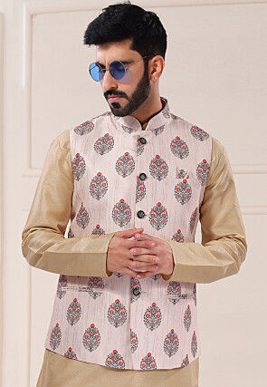 Digital Printed Art Silk Nehru Jacket in Peach