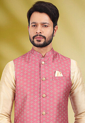 Digital Printed Art Silk Nehru Jacket in Pink 