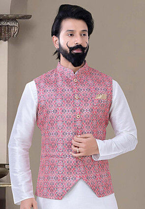 Digital Printed Art Silk Nehru Jacket in Pink