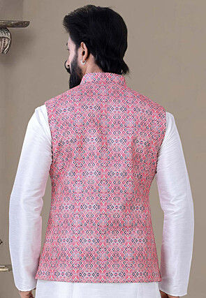 Digital Printed Art Silk Nehru Jacket in Pink