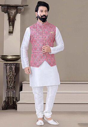 Digital Printed Art Silk Nehru Jacket in Pink