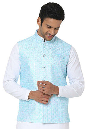 Digital Printed Art Silk Nehru Jacket in Sky Blue