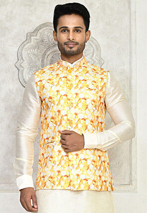 Digital Printed Art Silk Nehru Jacket in Yellow